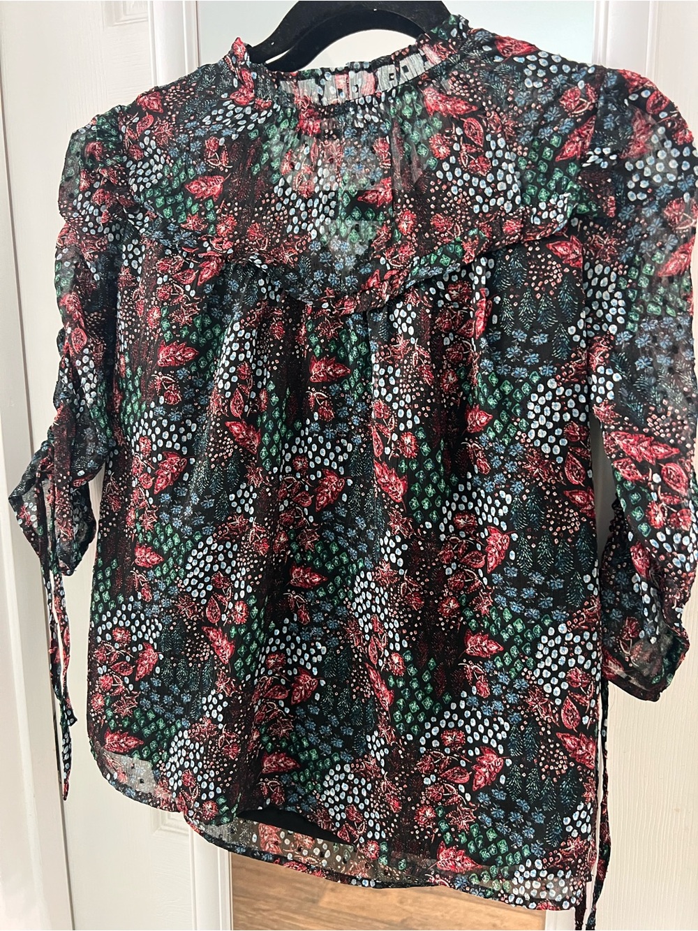 LOFT Black Sheer Floral Blouse with Red & Green Accents